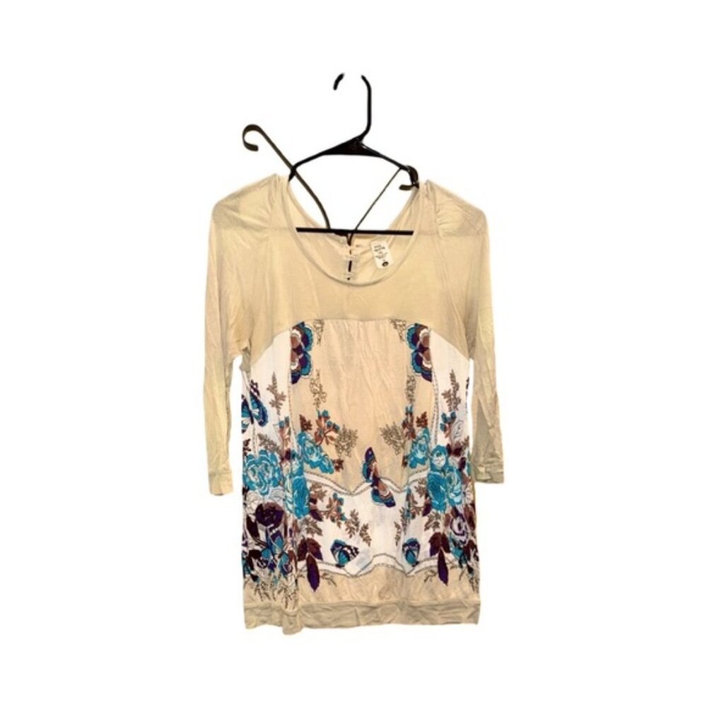 Free People Cream and Blue Floral Blouse Free People top (size Large)